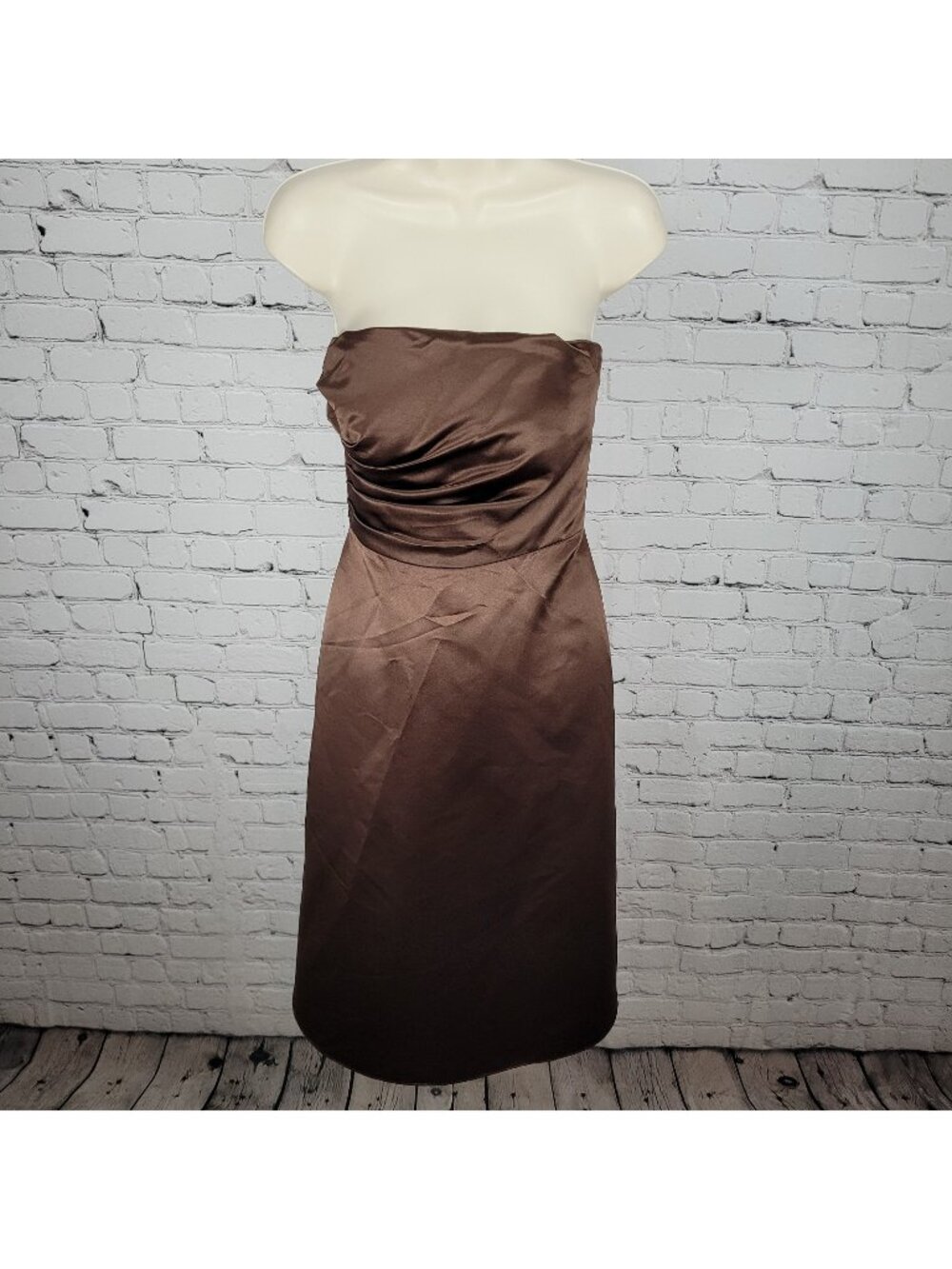 Bill Levkoff Classics Brown Satin Pleated Ruched Strapless A Line Dress Size 8